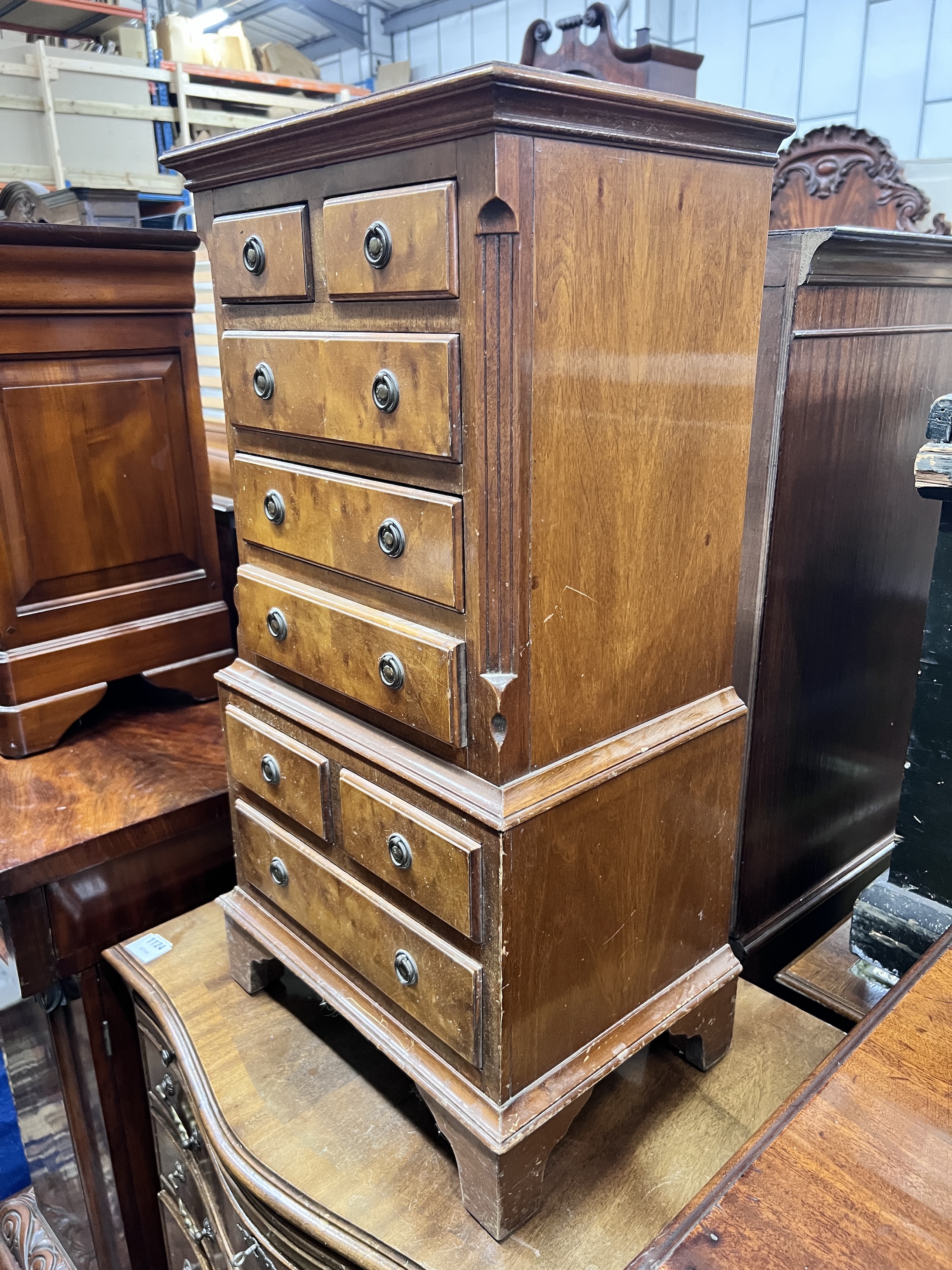 A miniature mahogany walnut tallboy, width 42cm, height 77cm